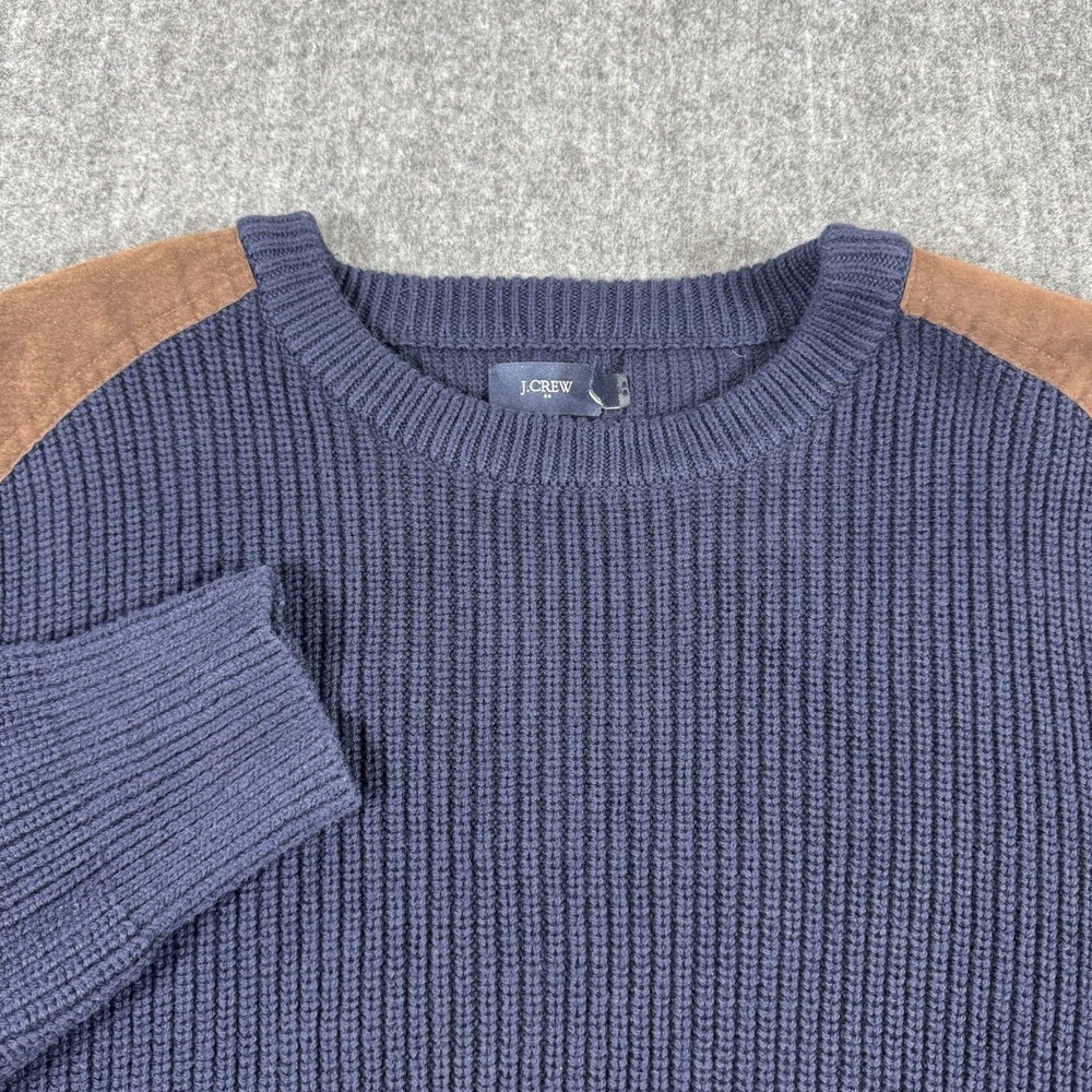 J.Crew Men's Crewneck Ribbed Sweater Navy Blue Suede Shoulder Patches Size L